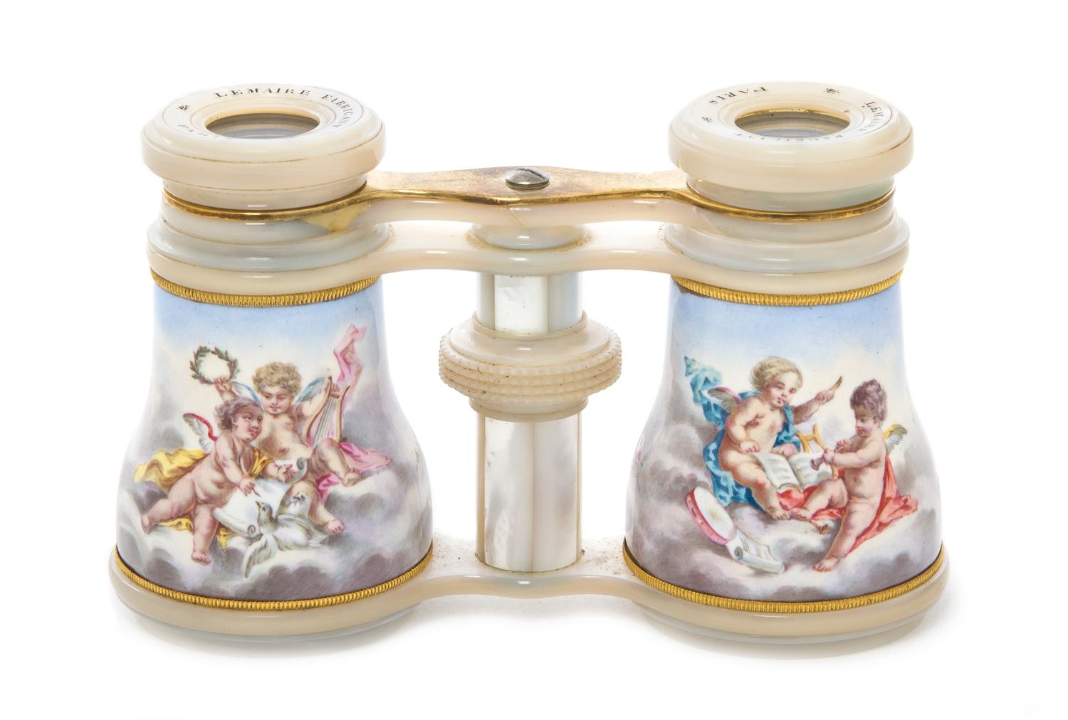 A Pair of French Enameled and Mother-of-Pearl Veneered Opera Glasses, Lemaire, Width 4 1/8 inches.