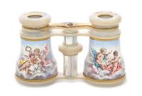 A Pair of French Enameled and Mother-of-Pearl Veneered Opera Glasses, Lemaire, Width 4 1/8 inches.