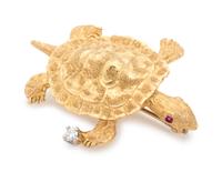 YELLOW GOLD, DIAMOND AND RUBY TURTLE BROOCH