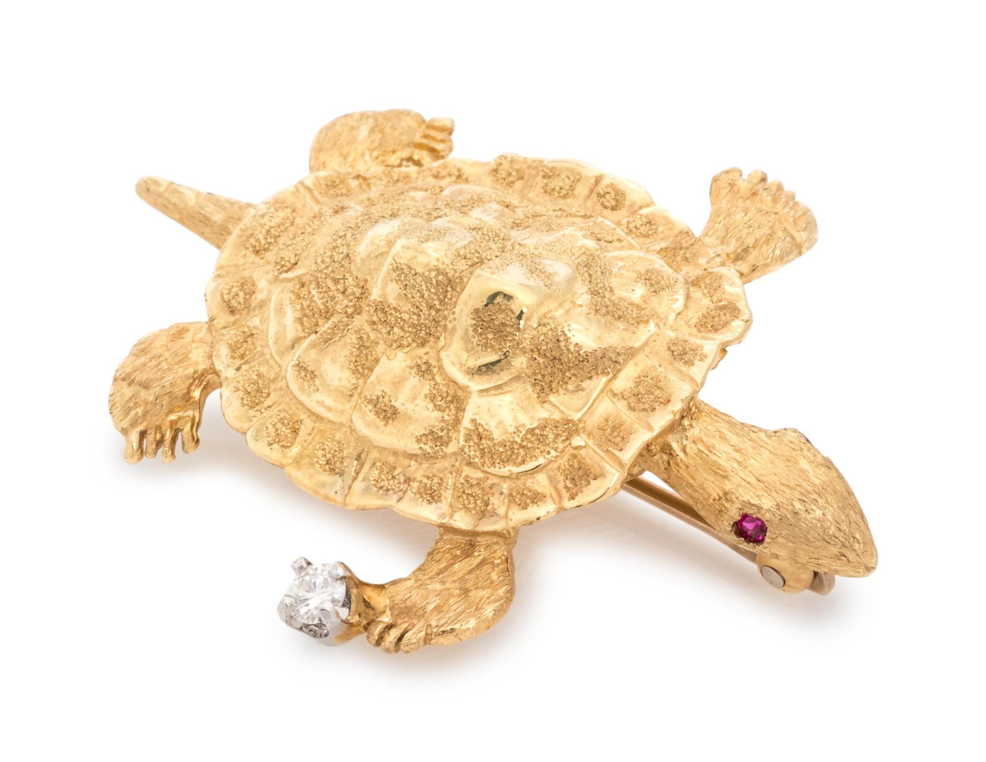 YELLOW GOLD, DIAMOND AND RUBY TURTLE BROOCH