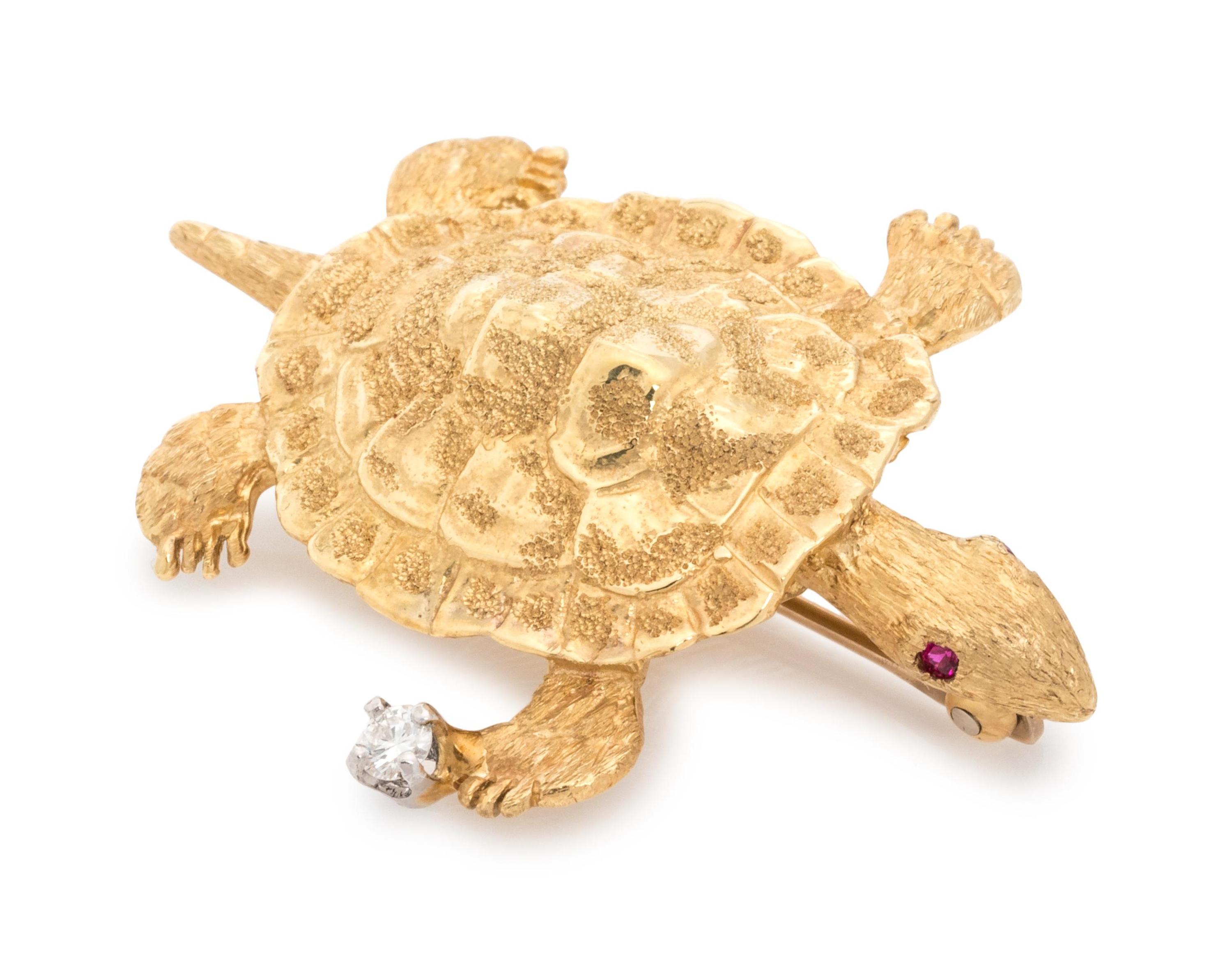YELLOW GOLD, DIAMOND AND RUBY TURTLE BROOCH