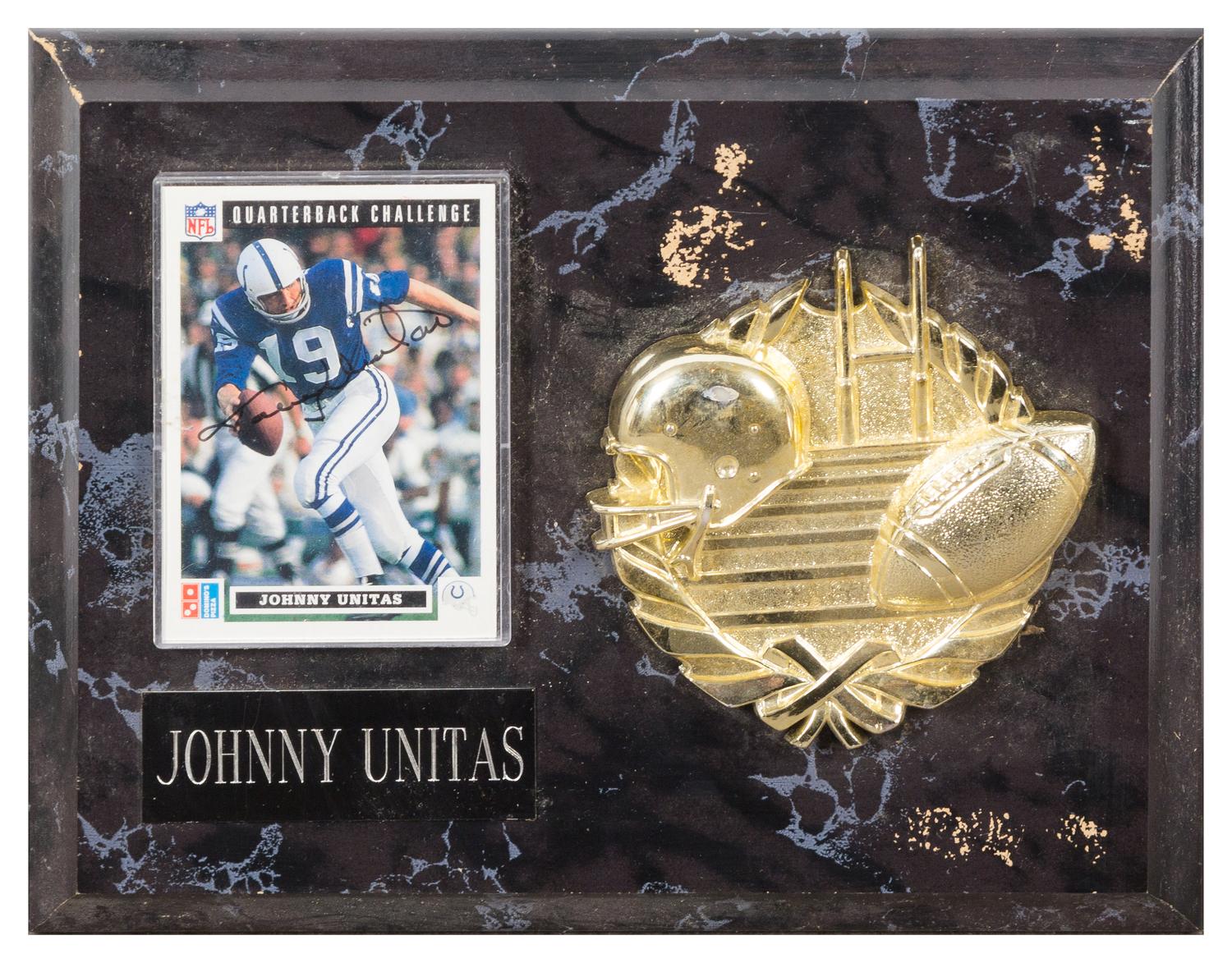 A Johnny Unitas Autographed Football Card Card 3 1/2 x 2 1/2 inches.