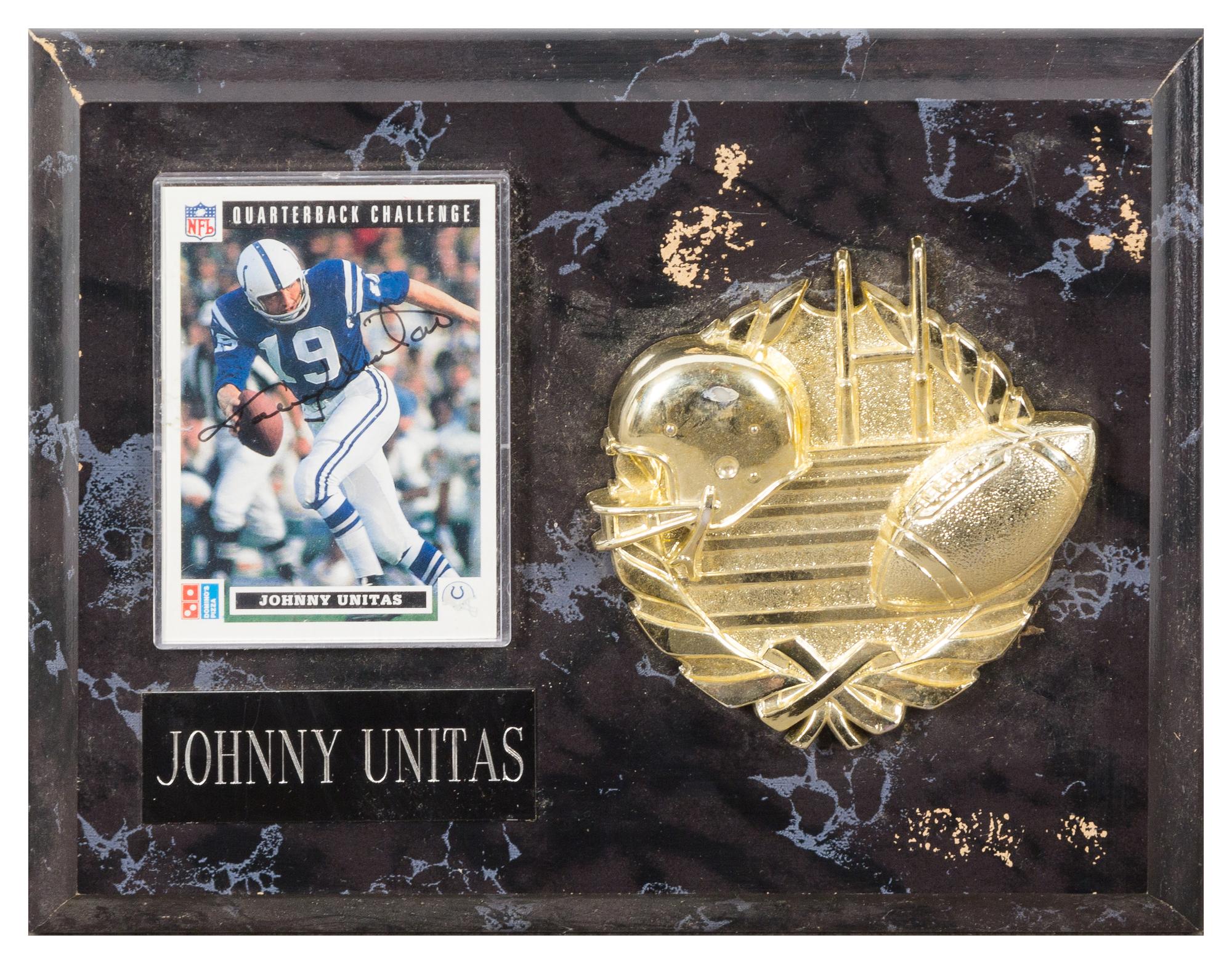 A Johnny Unitas Autographed Football Card Card 3 1/2 x 2 1/2 inches.