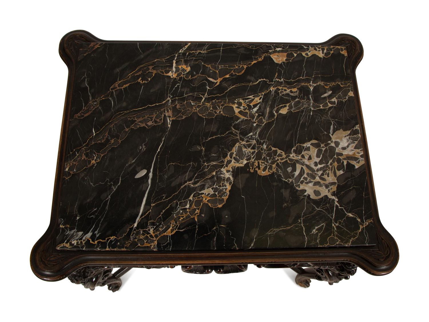 An Italian Rococo Style Carved Black Walnut Marble Top Side Table
