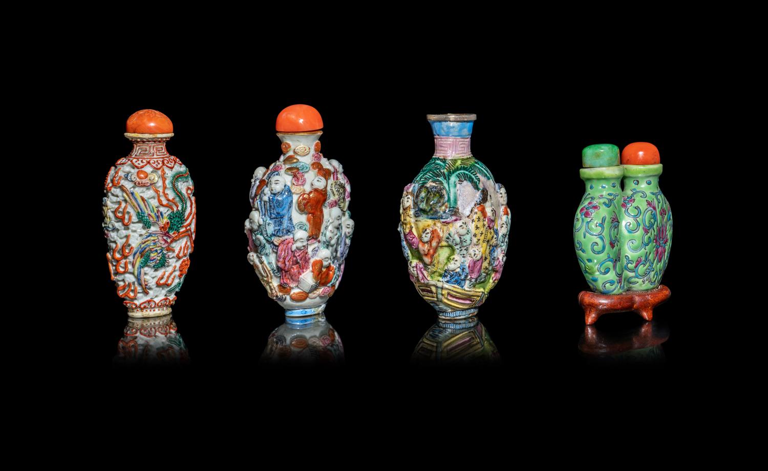 Four Chinese Famille Rose Porcelain Snuff Bottles