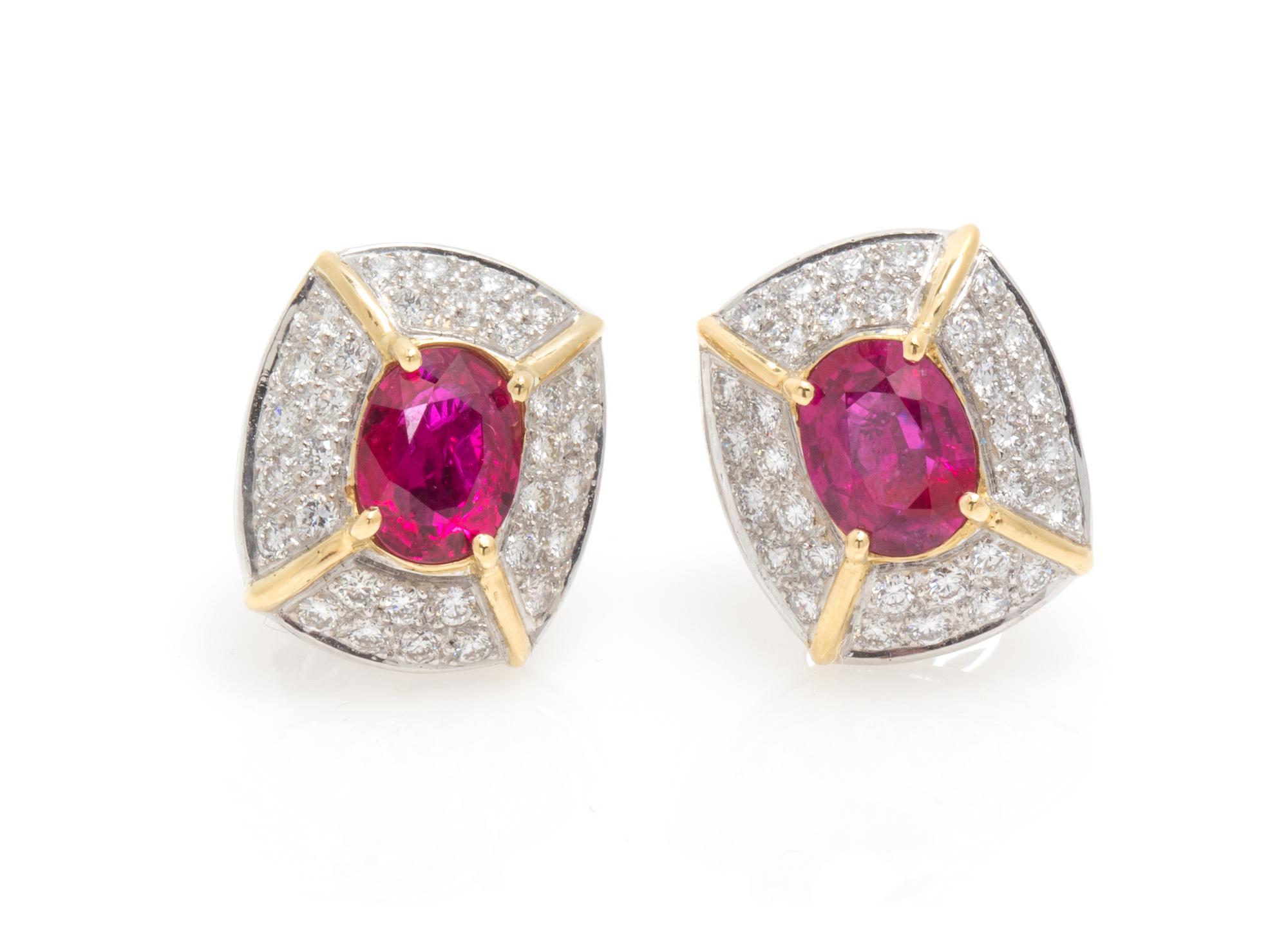 A Pair of 18 Karat Gold, Ruby and Diamond Earrings, 6.20 dwts.