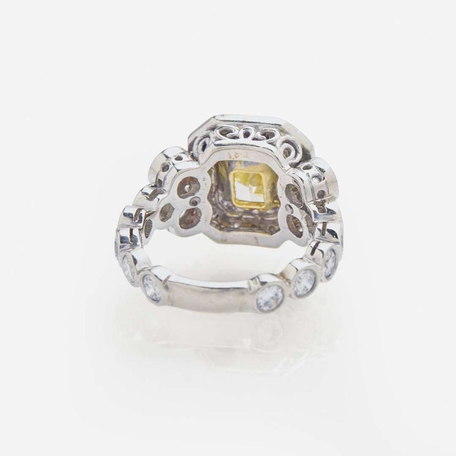A 14K White Gold, Diamond, and Colored Diamond Ring 1.74 Carat Cut-Cornered Rectangular Modified Brilliant Yellow Diamond, GIA Certified