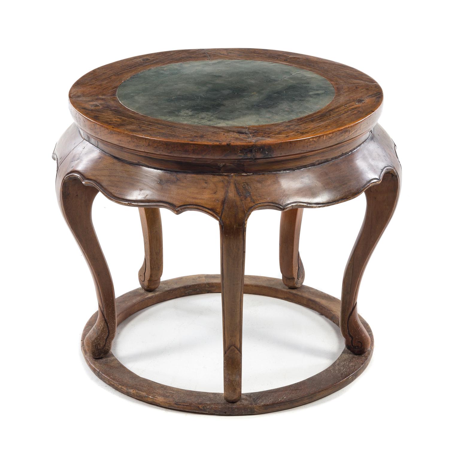 A Chinese Marble Inset Elmwood Side Table Height 22 x diameter 26 inches. — SHANXI, 19TH CENTURY
