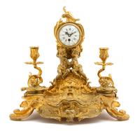 A Louis XV Style Gilt-Bronze Clock-Mounted Encrier Height 14 3/4 x width 16 1/2 inches — 19TH CENTURY