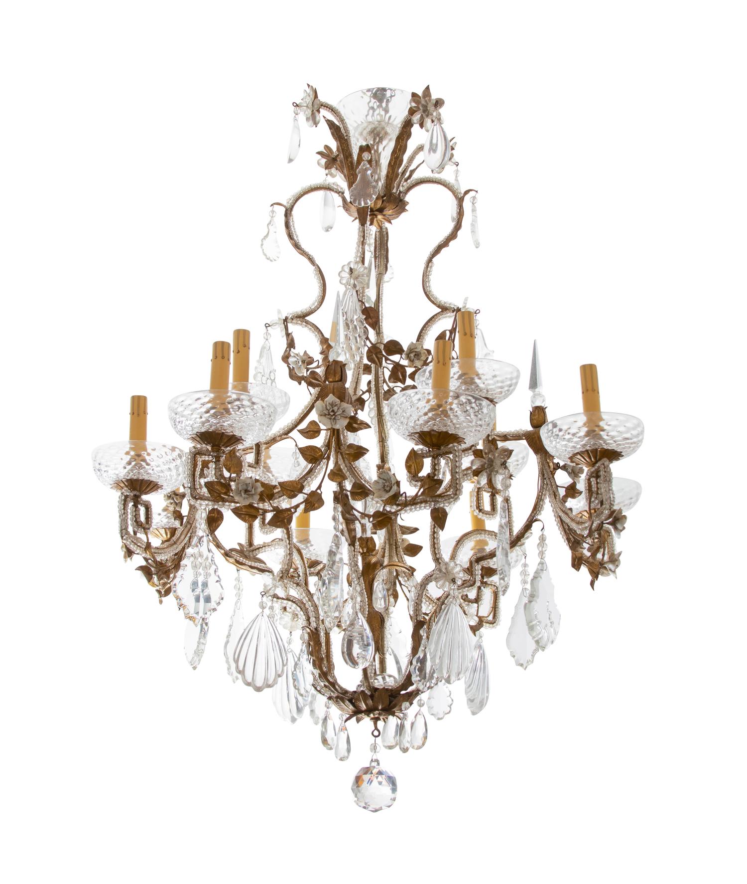 A Louis XV Style Gilt Bronze and Crystal 12-Light Chandelier
