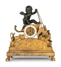 A Large Empire Ormolu and Green Patinated Bronze Figural Clock