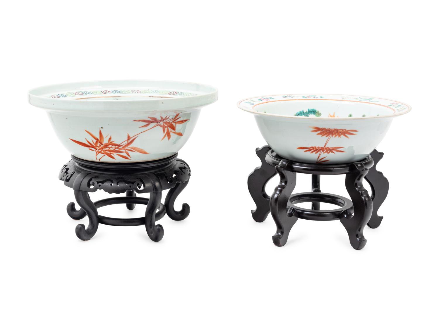 Two Chinese Enameled Porcelain Bowls with Wood Stands