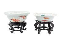 Two Chinese Enameled Porcelain Bowls with Wood Stands