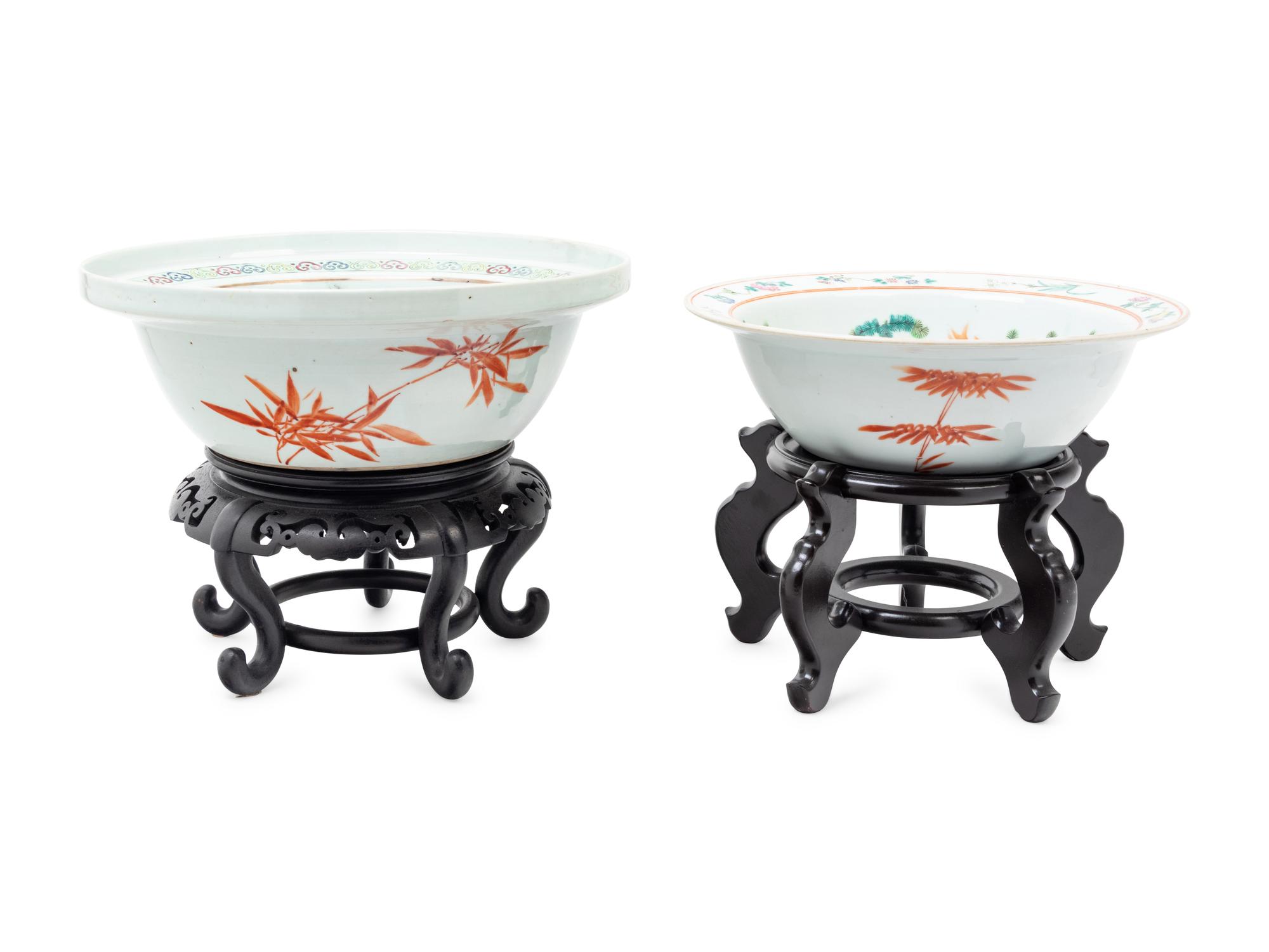 Two Chinese Enameled Porcelain Bowls with Wood Stands