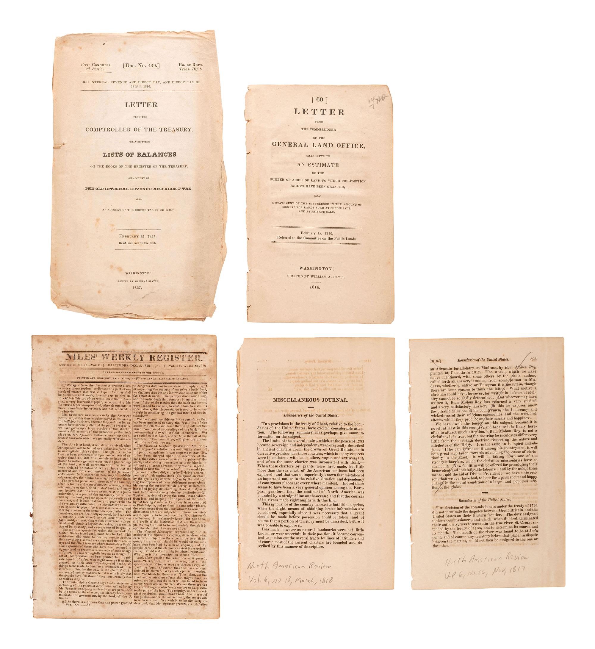 [POLITICS]. A large group of early 19th century pamphlets covering politics, land expansion, and finances, comprising: