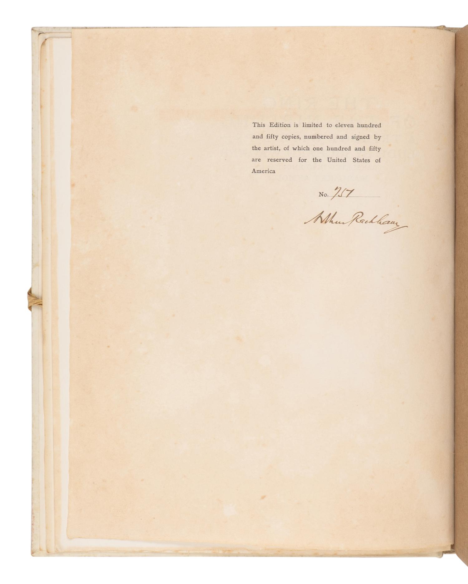 [RACKHAM, Arthur (1867-1939), illustrator]. WAGNER, Richard (1813-1883). [The Ring of the Niblung]. The Rhinegold & the Valkyrie . -- Siegfried & the Twilight of the Gods . Margaret Armour, translator. London and New York: William Heinemann and Doubleday Page & Co., 1910, 1911.