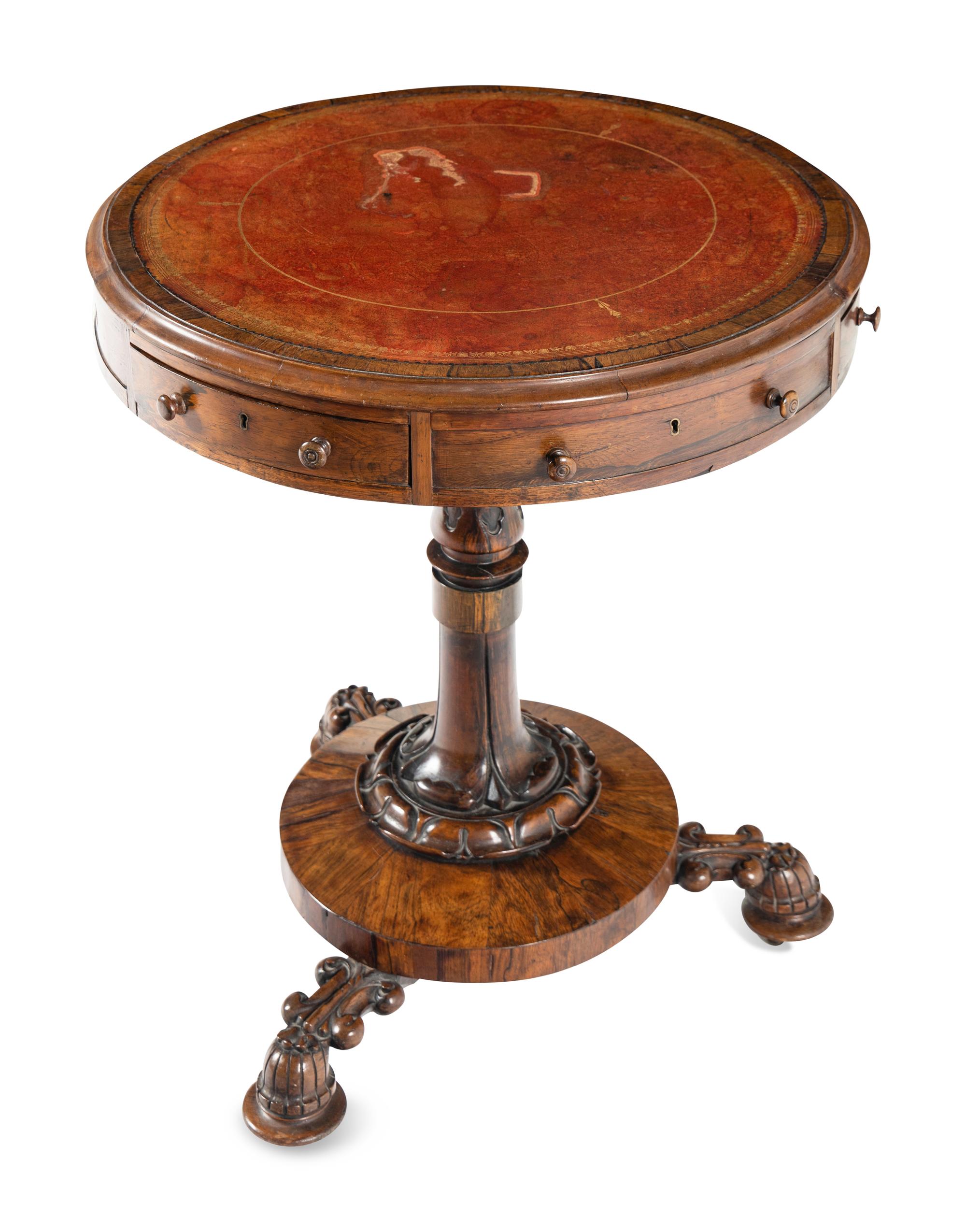 A Regency Rosewood Leather-Top Drum Table