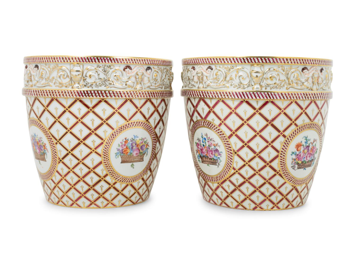 A Pair of Dresden Porcelain Cache Pots