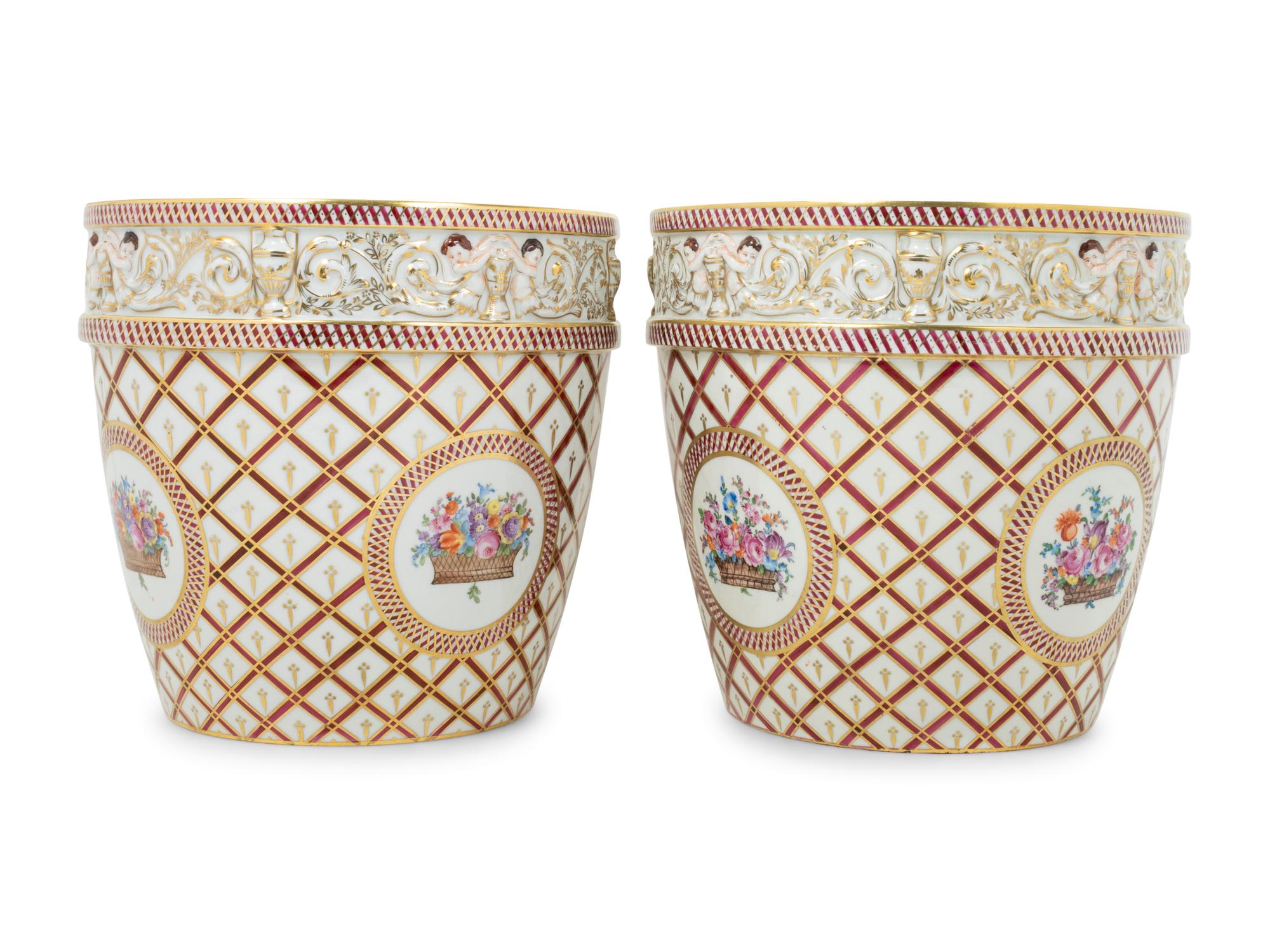A Pair of Dresden Porcelain Cache Pots