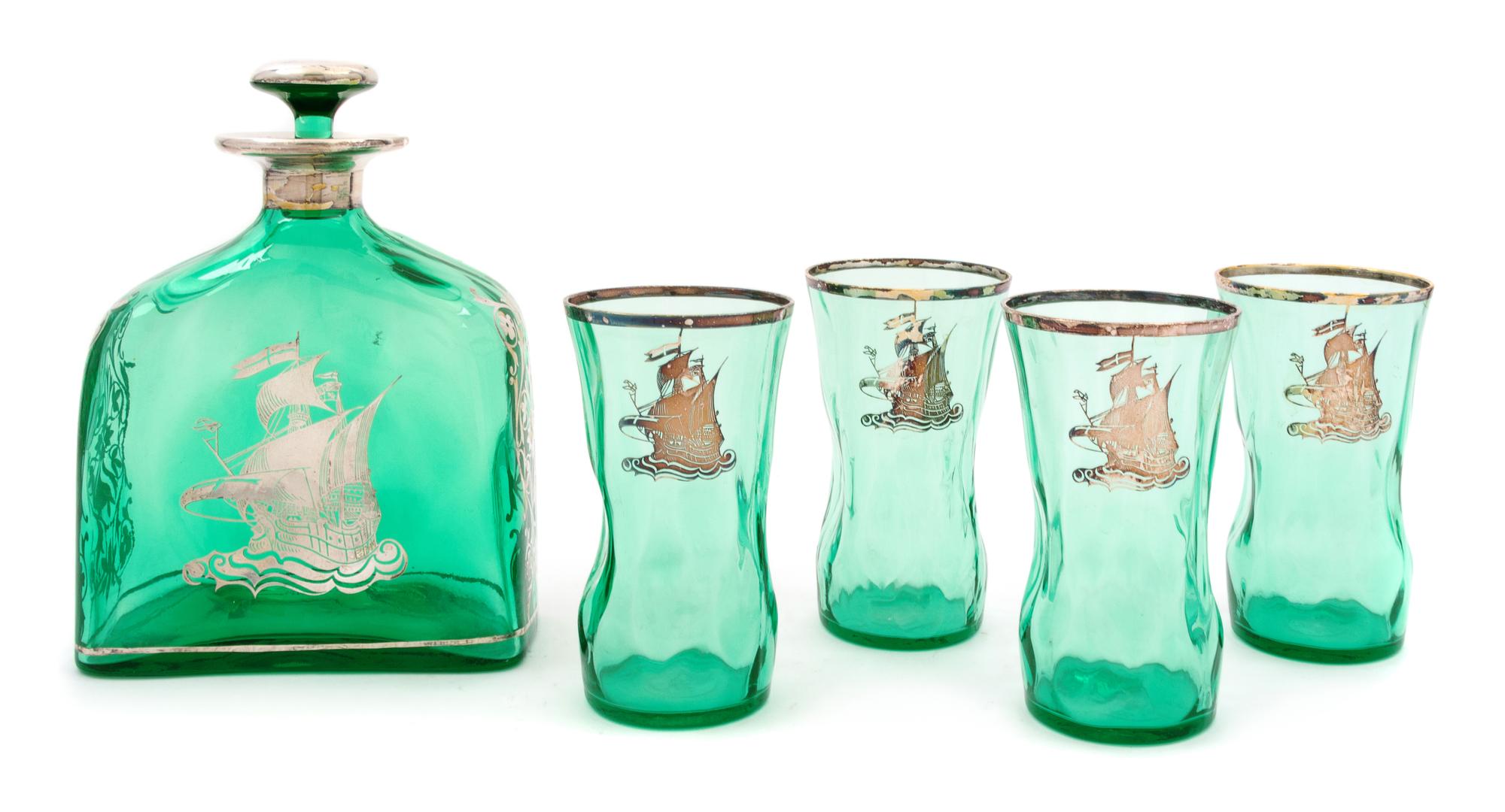 A Silver Overlay Glass Drinks Set Height 5 1/2 inches.