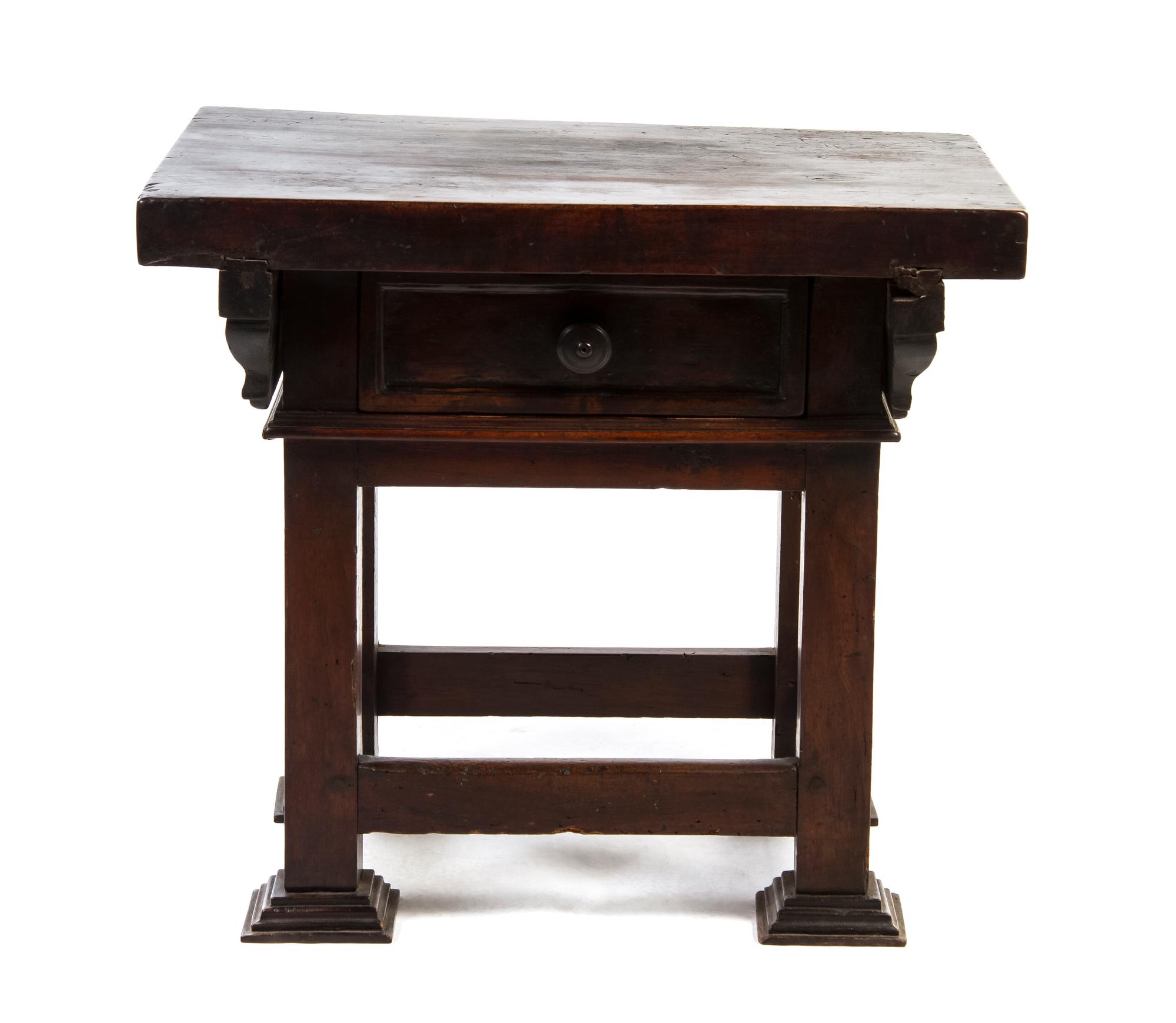 An Italian Walnut Tavern Table, Height 27 1/4 x width 31 x depth 22 1/4 inches.