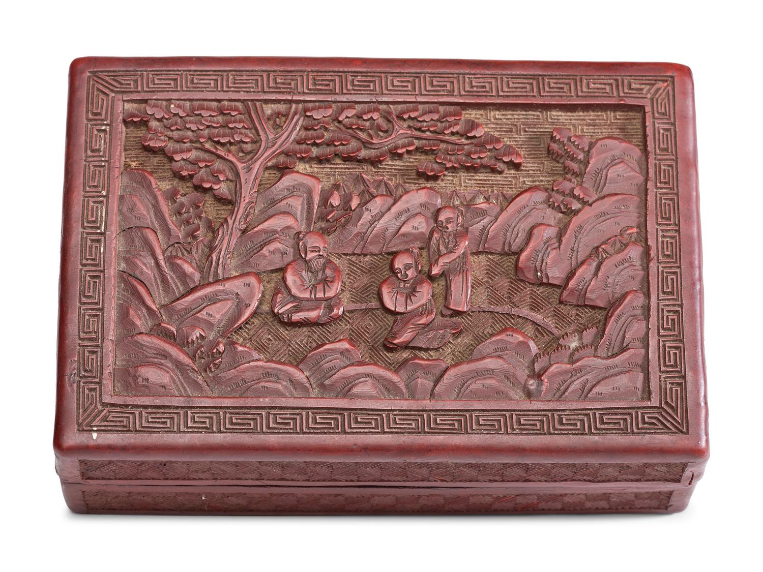 A Diminutive Hanging Display Shelf, a Cinnabar Box and a Wooden Dresser Box