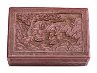 A Diminutive Hanging Display Shelf, a Cinnabar Box and a Wooden Dresser Box