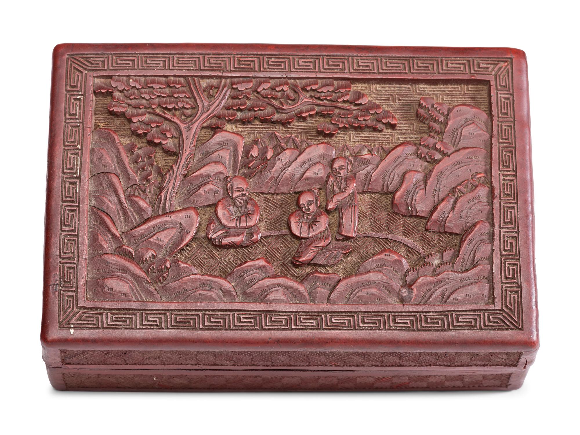 A Diminutive Hanging Display Shelf, a Cinnabar Box and a Wooden Dresser Box