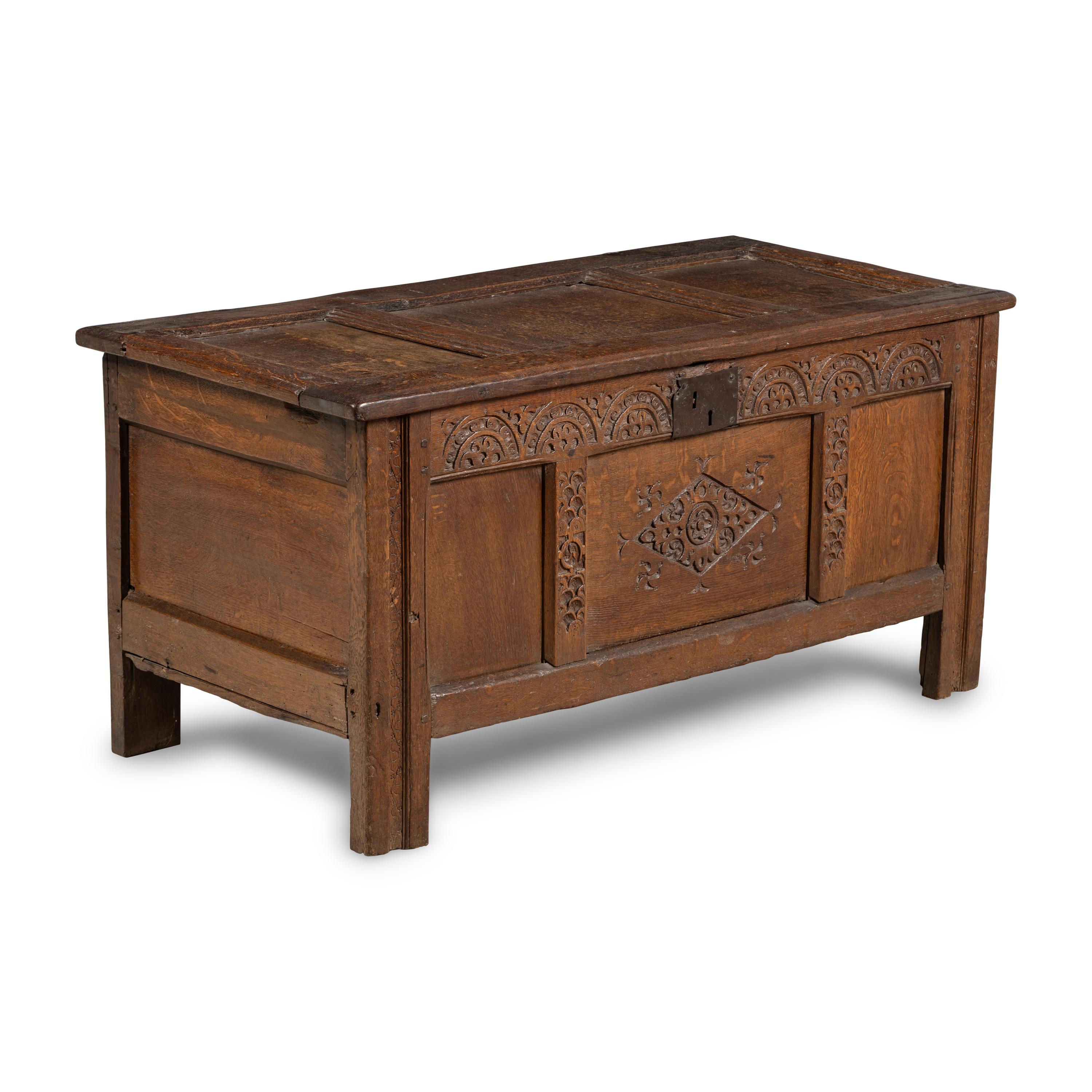 An English Carved and Paneled Oak Coffer