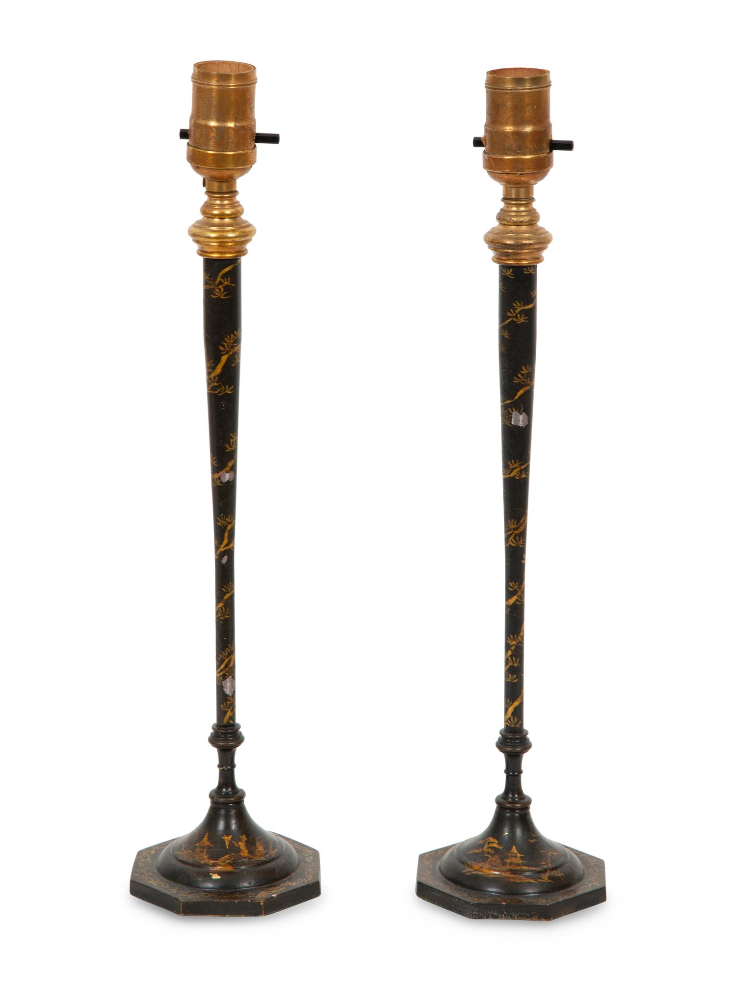 A Pair of Gilt and Black-Painted Metal Candlesticks Mounted as Lamps