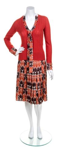 A Carolina Herrera Brown and Orange Skirt Ensemble, Skirt size 8, sweater size S.