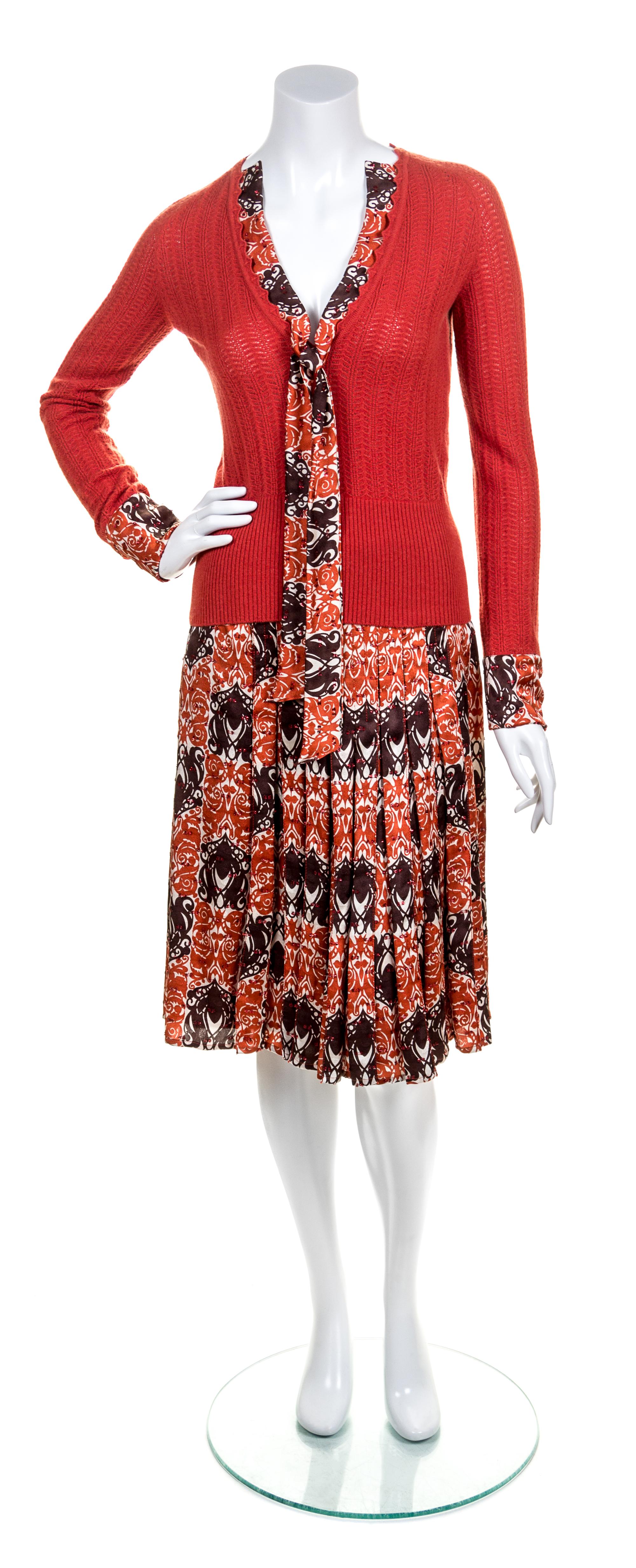 A Carolina Herrera Brown and Orange Skirt Ensemble, Skirt size 8, sweater size S.
