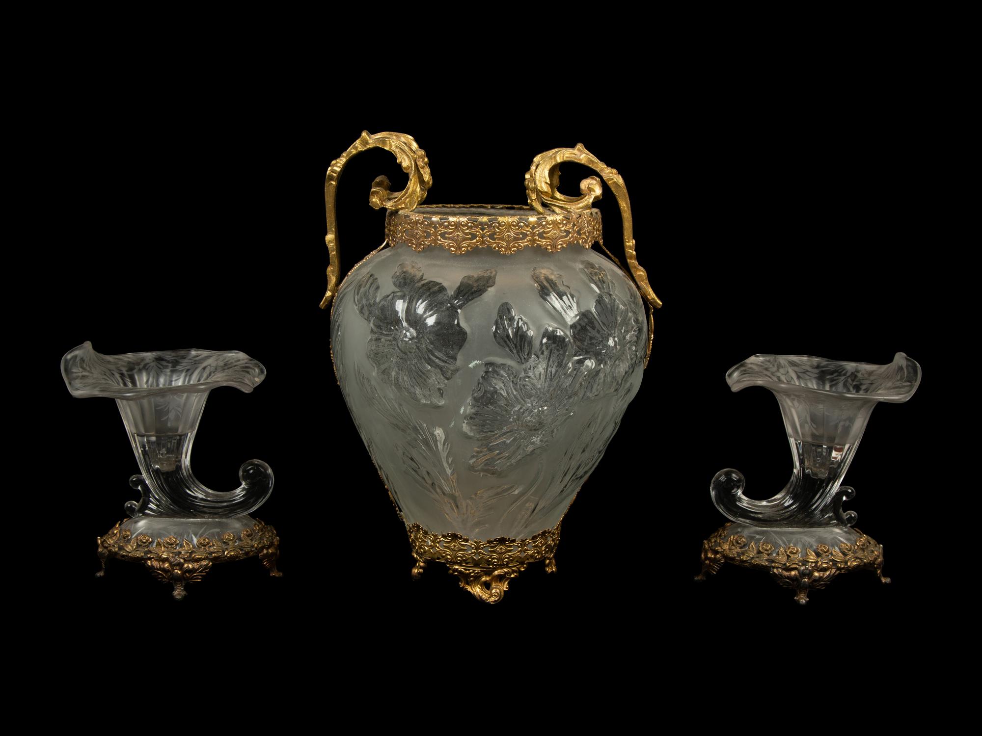 A Continental Gilt Metal Mounted Molded Glass Vase and Two Cornucopia Vases — 20TH CENTURY