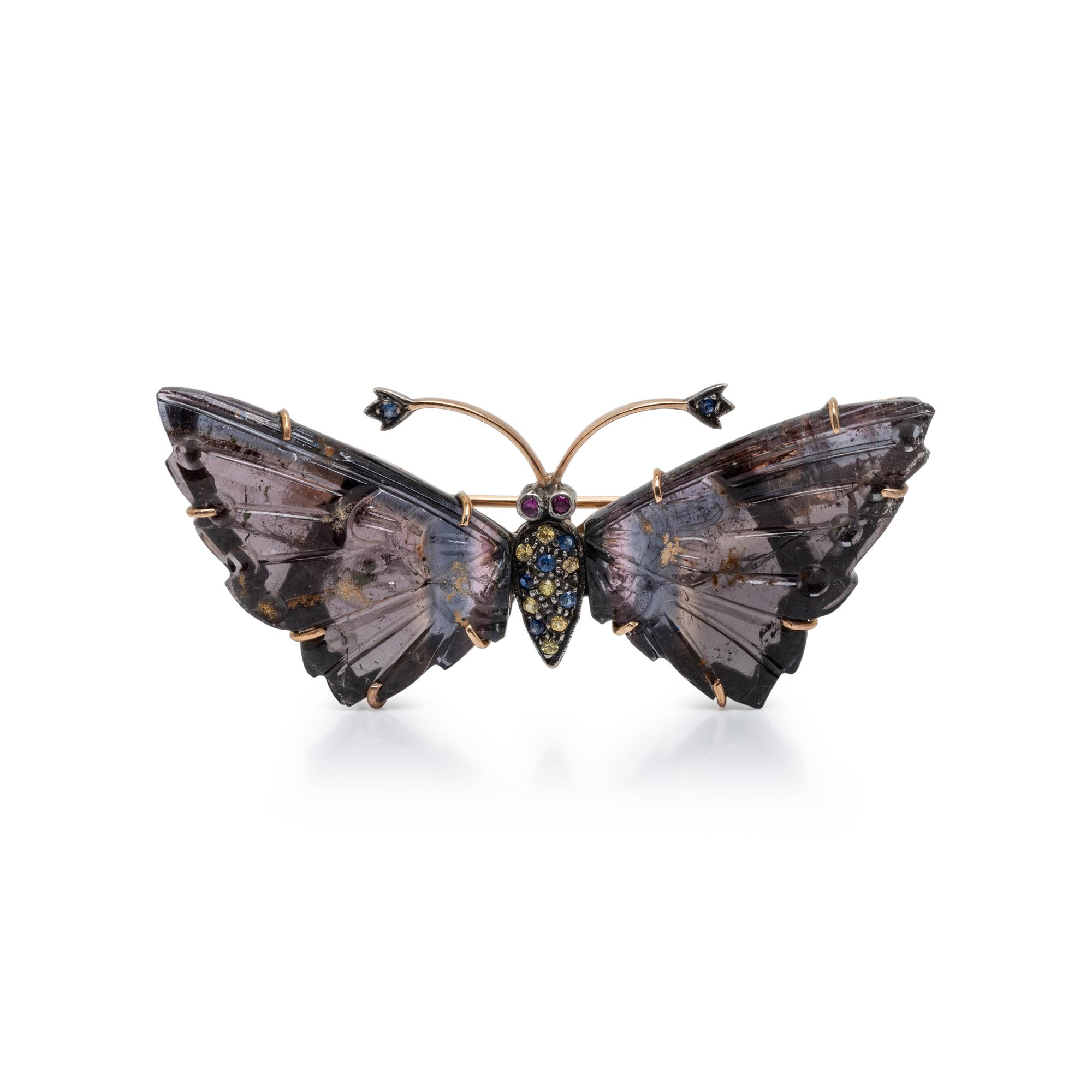 CARVED TOURMALINE AND MULTIGEM BUTTERFLY BROOCH