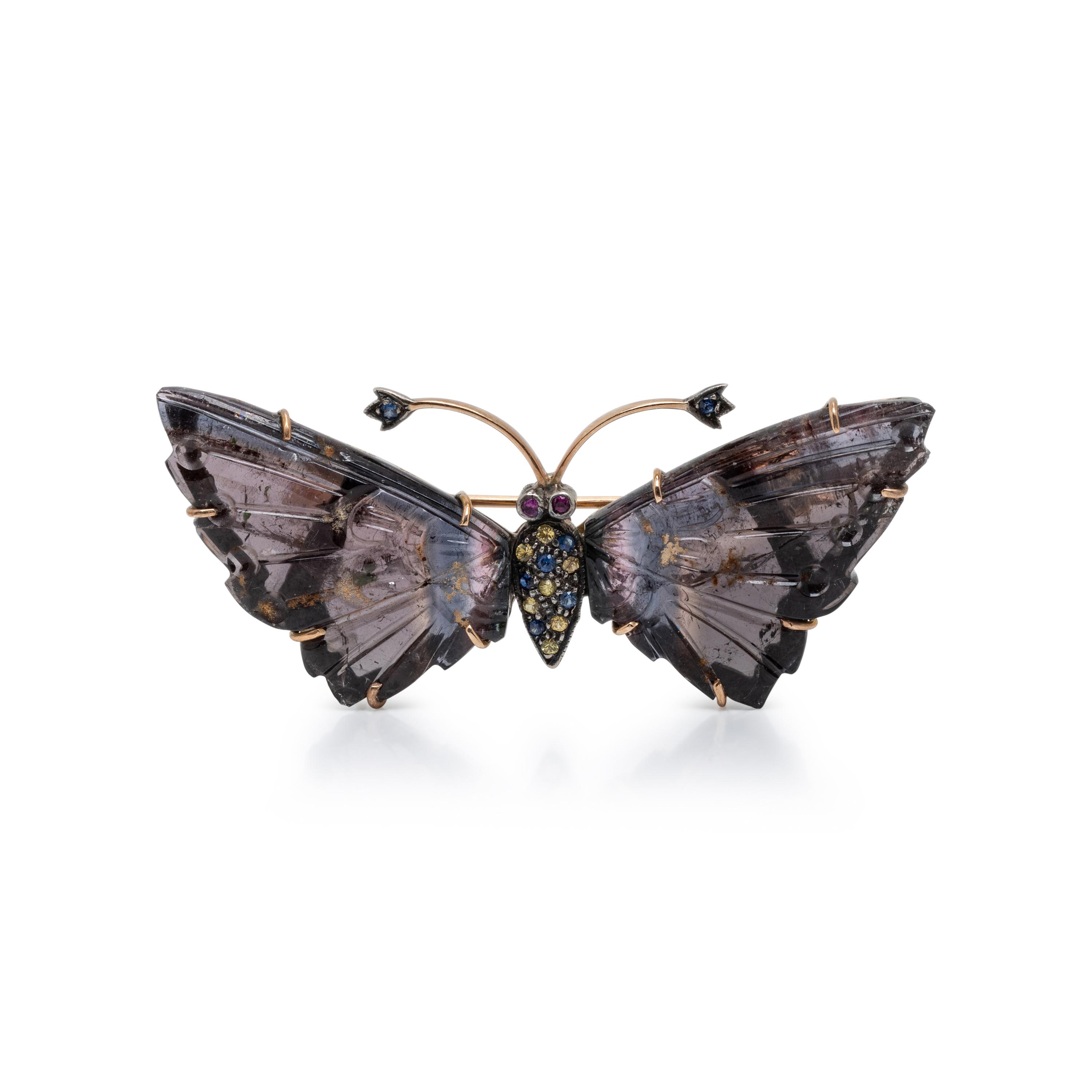 CARVED TOURMALINE AND MULTIGEM BUTTERFLY BROOCH