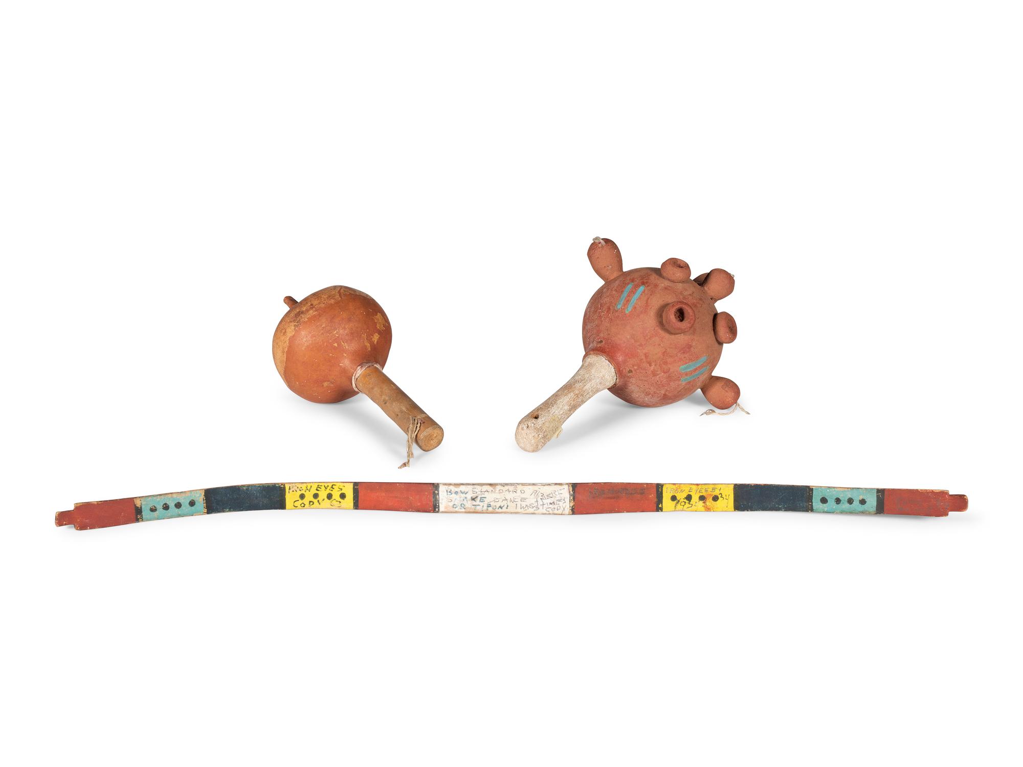 Pueblo Rattles, PLUS Bow, signed Iron Eyes Cody