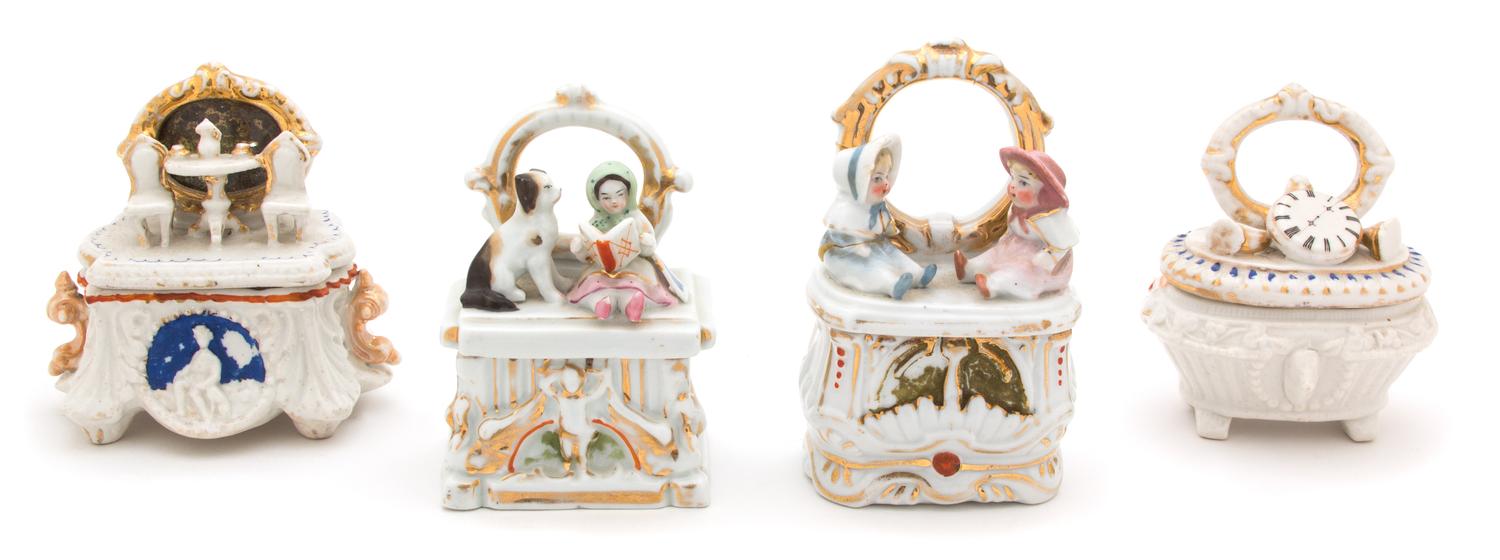 A Group of Four Staffordshire Fairing Trinket Boxes Height of tallest 4 3/4 inches. — 19TH CENTURY