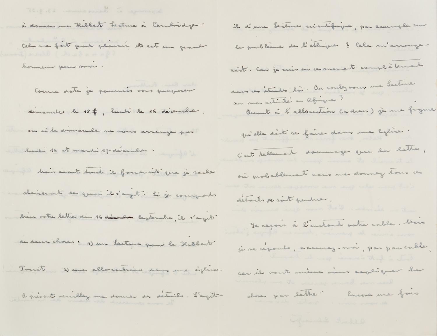 SCHWEITZER, Albert. Autographed letter signed ("Albert Schweitzer"), to Reverend R.F. Rattray, Lausanne, Switzerland, 23 September 1955