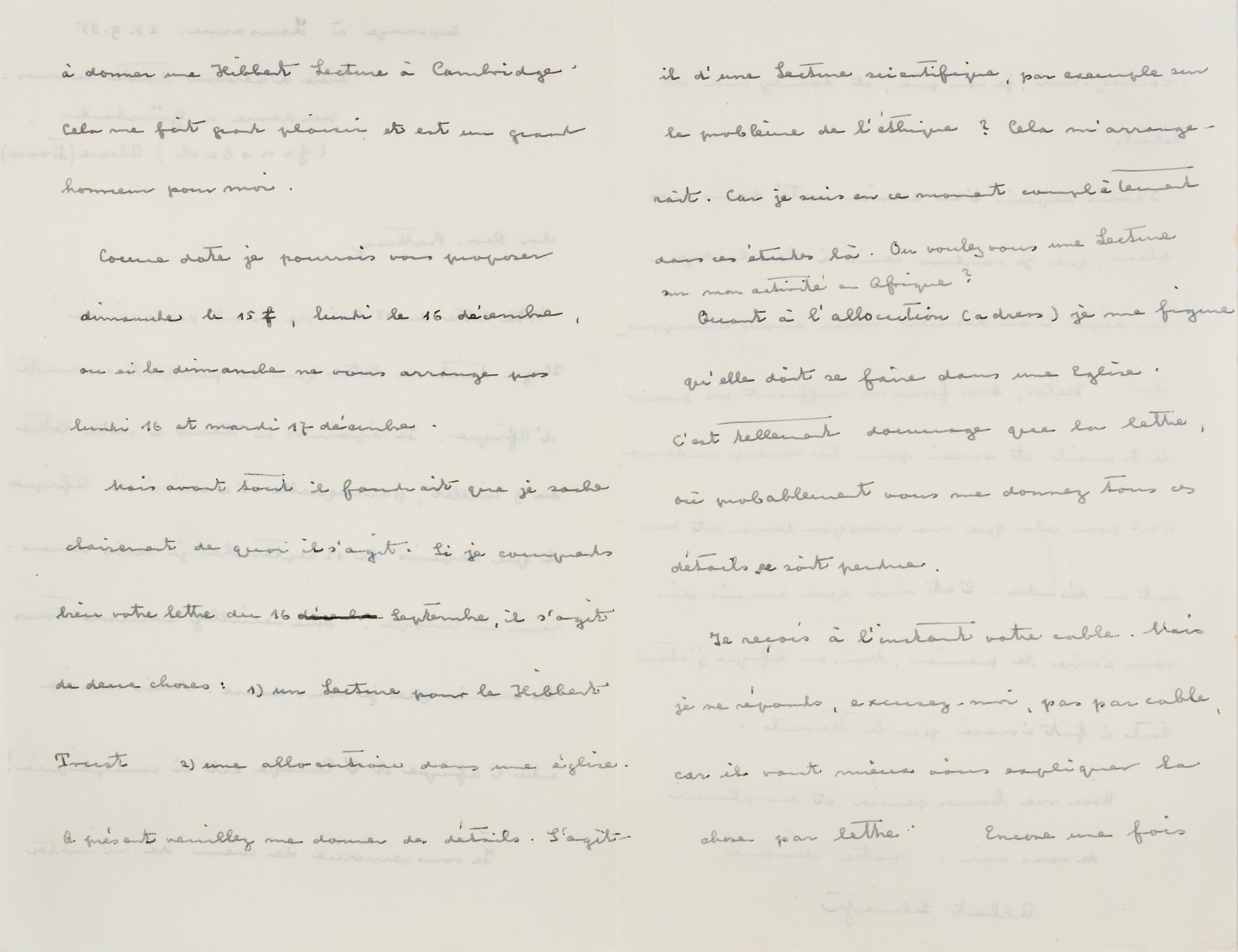 SCHWEITZER, Albert. Autographed letter signed ("Albert Schweitzer"), to Reverend R.F. Rattray, Lausanne, Switzerland, 23 September 1955
