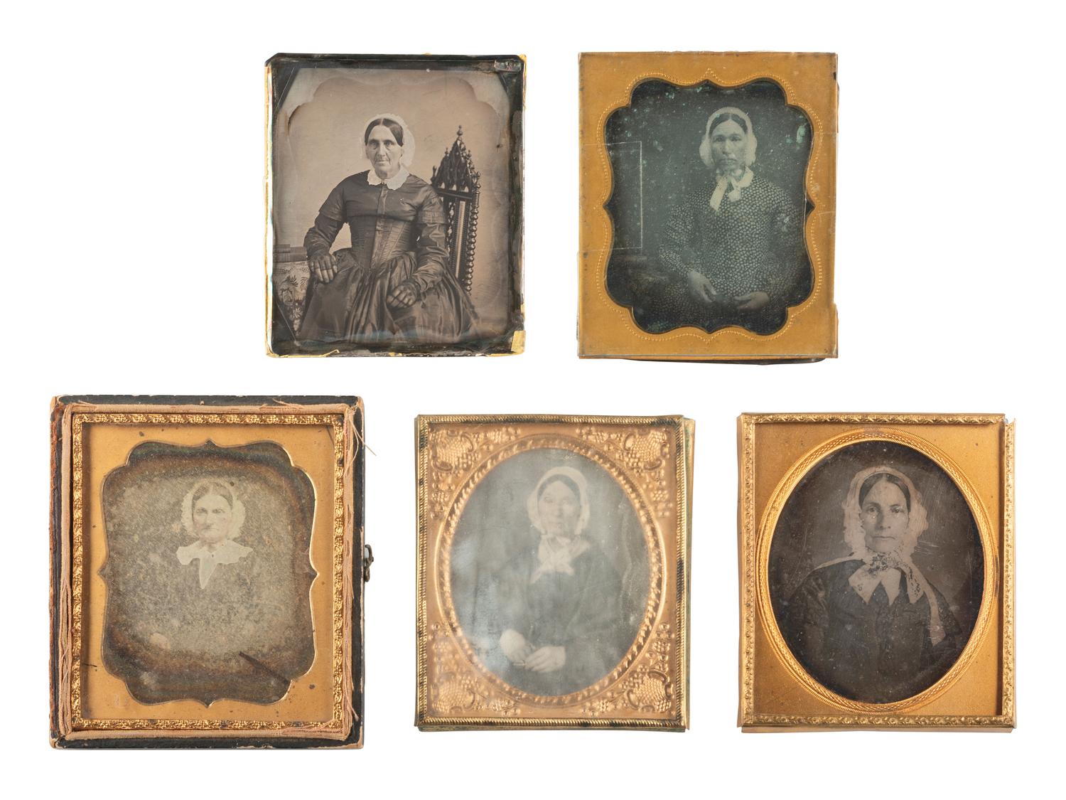 [EARLY PHOTOGRAPHY]. 21 sixth plate daguerreotypes of women wearing hats and bonnets.