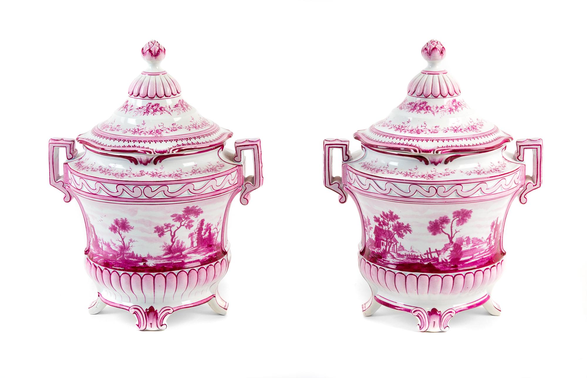 A Pair of French Faience Covered Urns Height 11 1/2 inches. — GEIN, LATE 19TH CENTURY