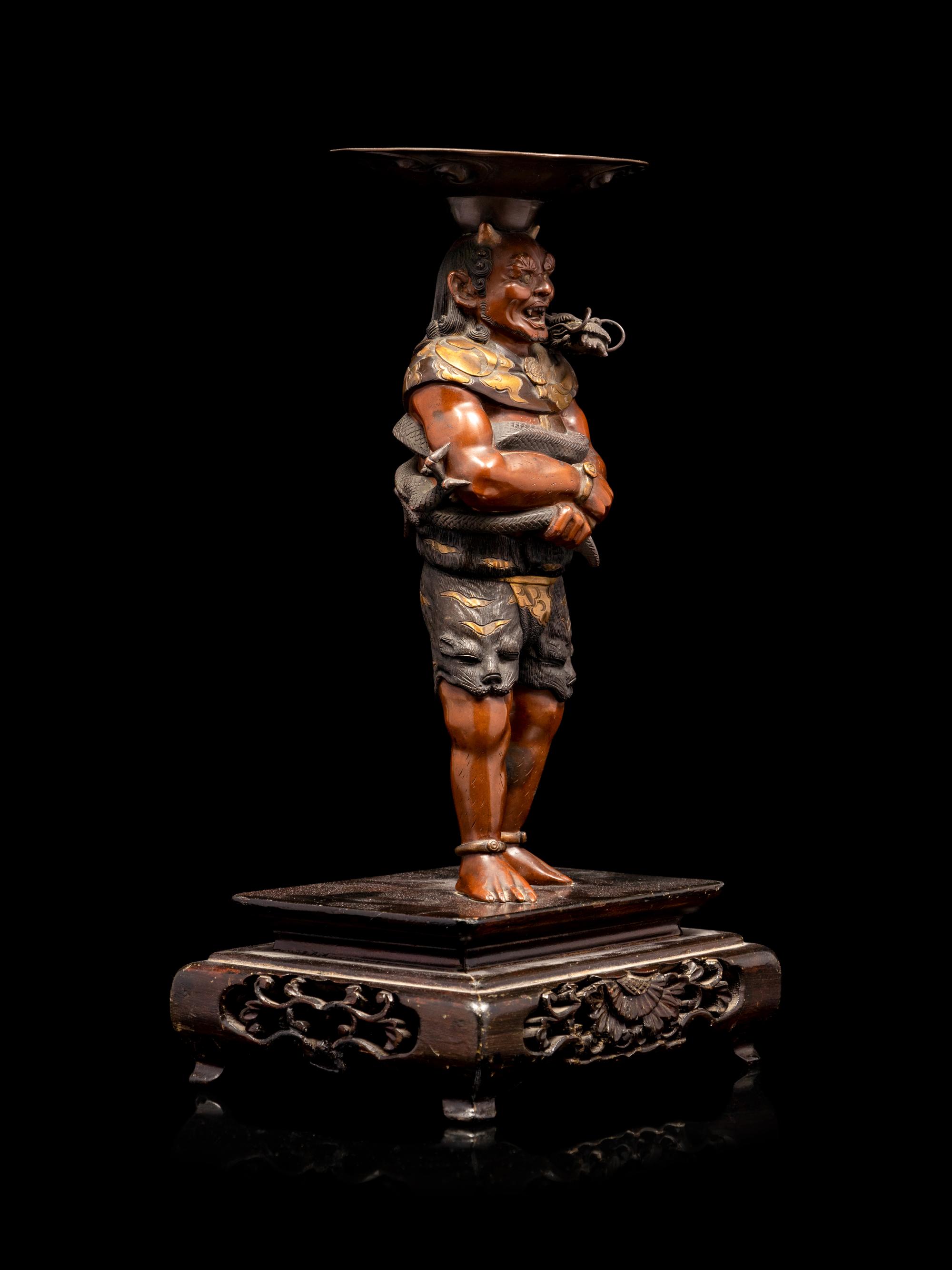 A Patinated and Gilt Bronze Figure of Oni