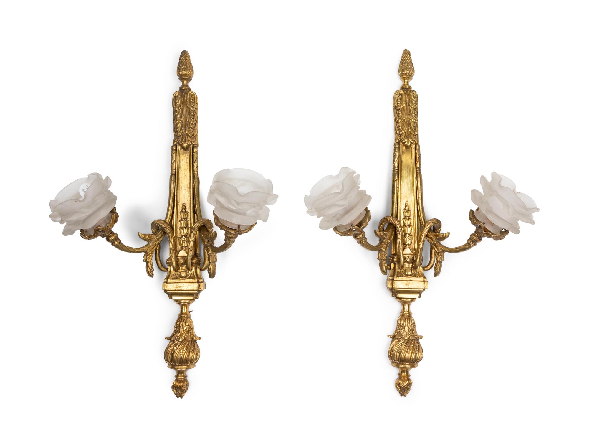 A Pair of French Gilt Bronze Two-Light Sconces