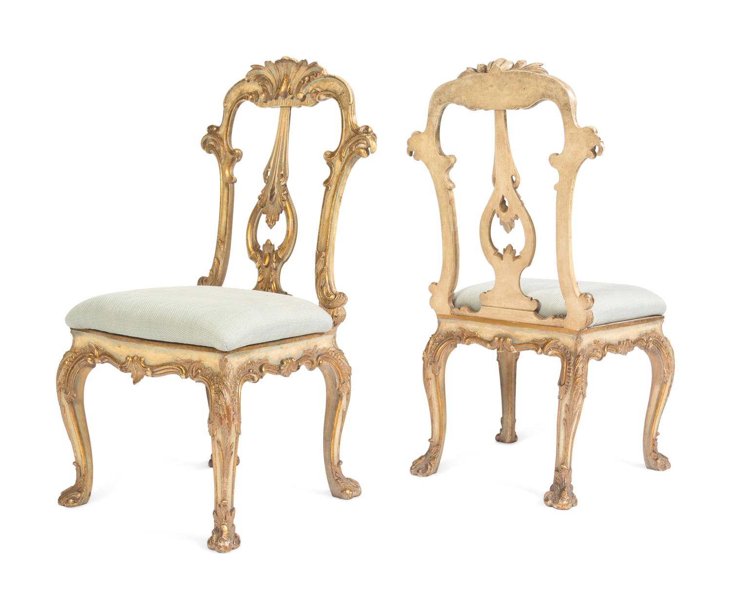 A Set of Six Venetian Style Painted and Parcel Gilt Dining Chairs