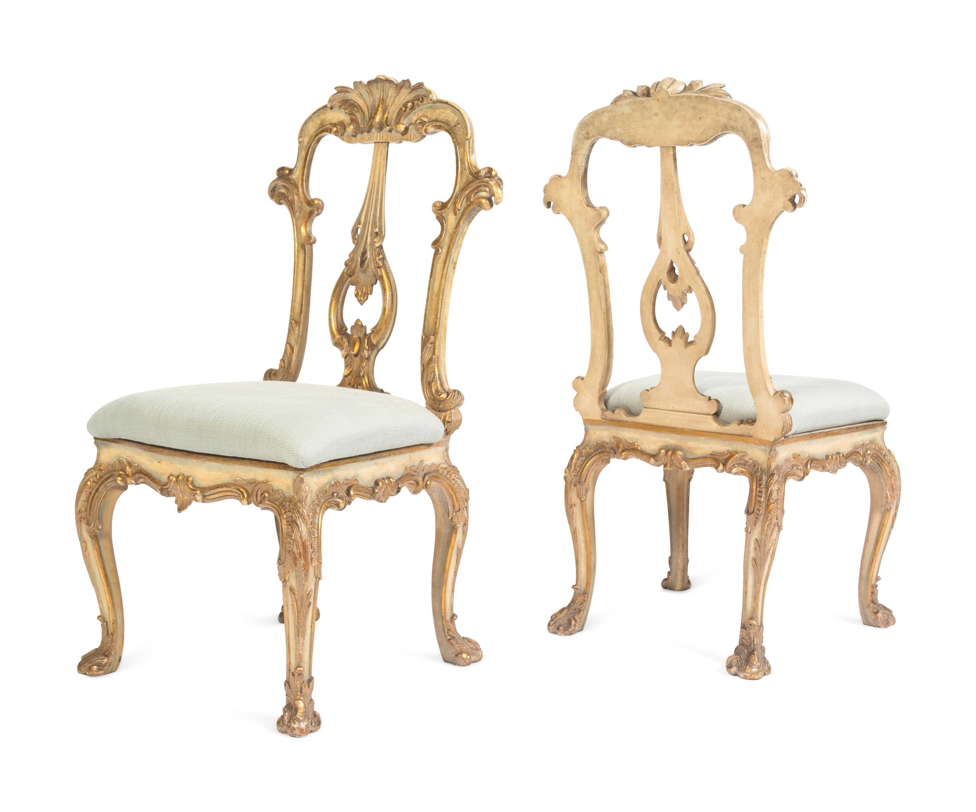 A Set of Six Venetian Style Painted and Parcel Gilt Dining Chairs