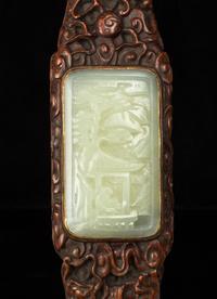 A Celadon Jade Inset Rosewood Ruyi Scepter Length 18 3/4 inches. — QING DYNASTY