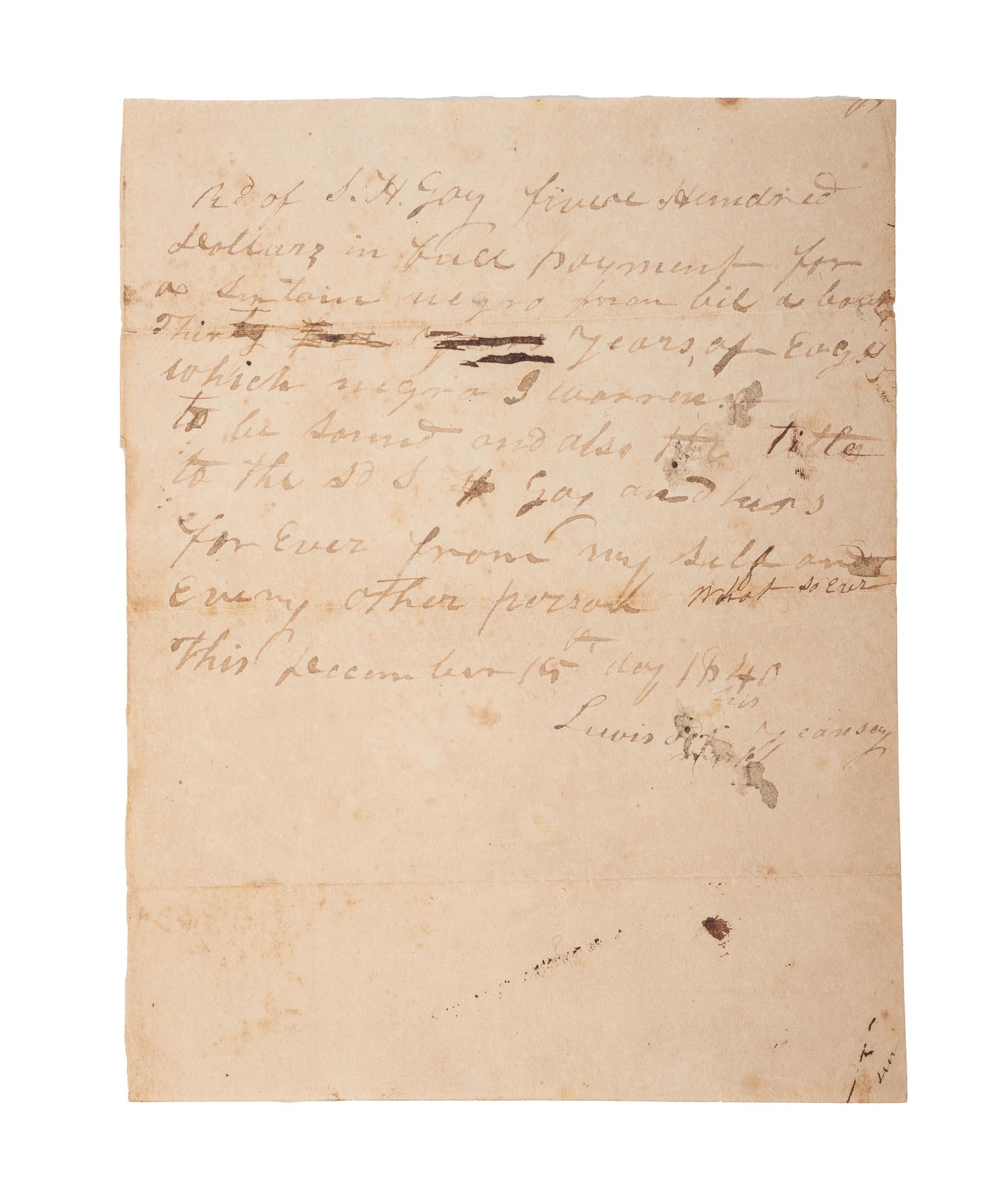 [SLAVERY & ABOLITION]. Manuscript bill of sale for enslaved person "Bil". [Georgia], 15 December 1840.