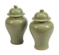 A Pair of Chinese Celadon-Glazed Porcelain Meiping Vases and Covers