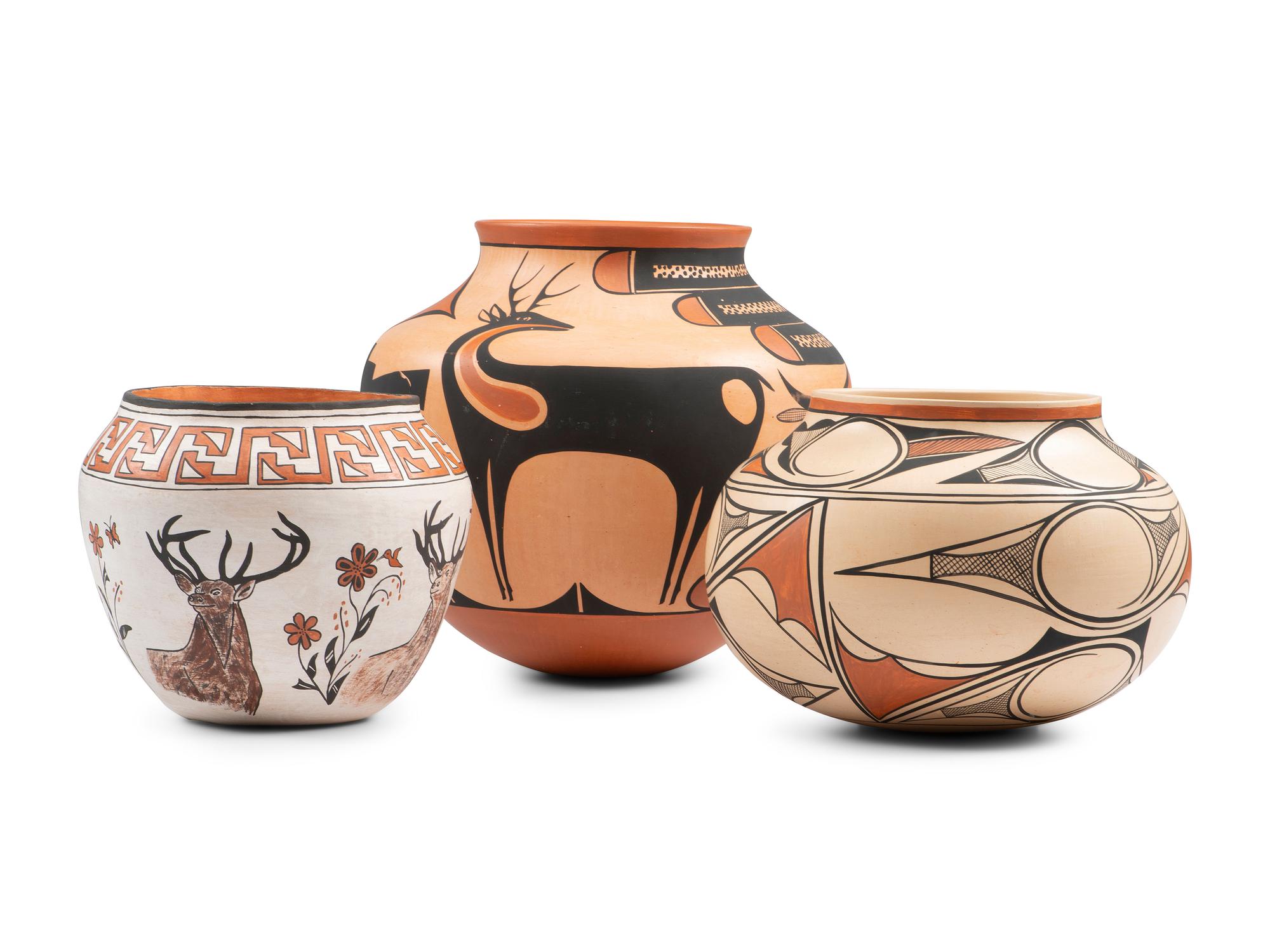 Tesuque and Acoma Polychrome Pottery Jars