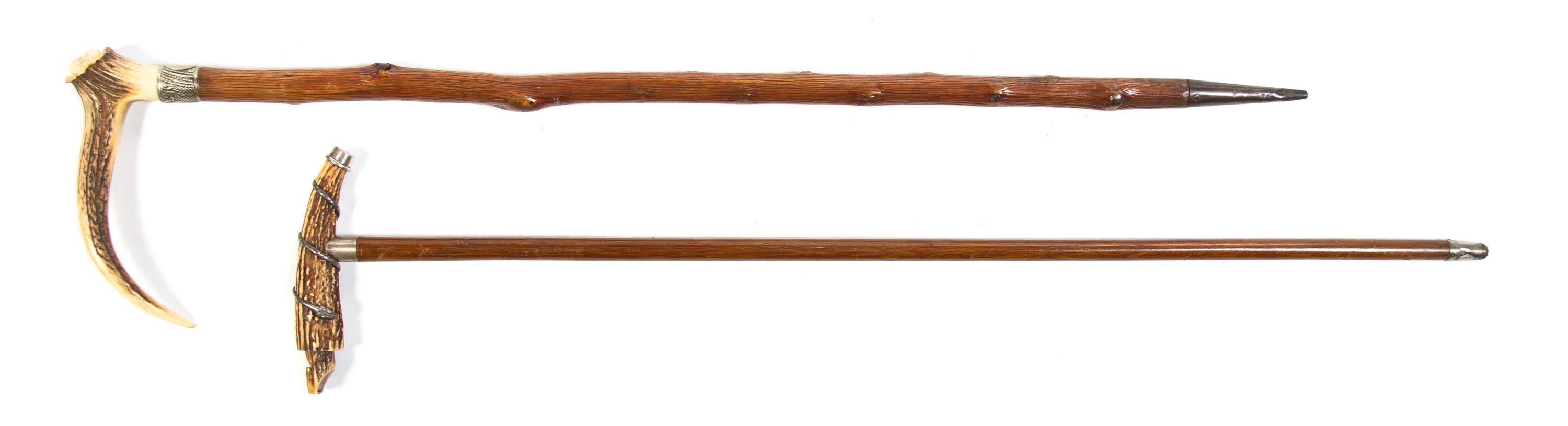 Two Antler Cane Handles, Height of taller overall 35 5/8 x width of handle 8 1/4 inches.